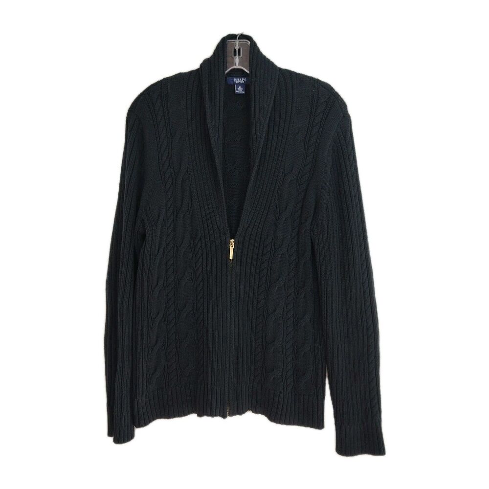 Chaps Full-Zip Sweater Women's Size XL Black V-neck Cable Knit Long Sleeves